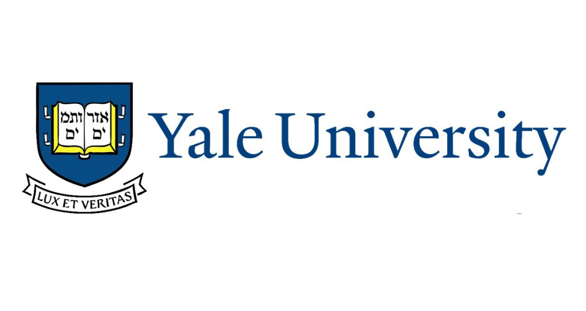 Yale University logo with a blue shield featuring an open book and Hebrew text, and the motto 'Lux et Veritas' below.