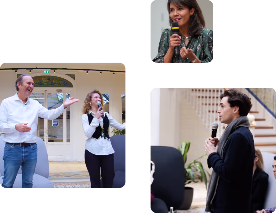 Collage of three images showing people speaking into microphones during a public event or discussion in an indoor venue.