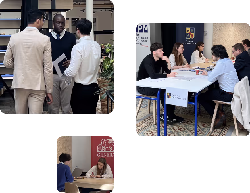 Collage of three scenes showing diverse people in professional settings, including group discussions and one-on-one meetings indoors.