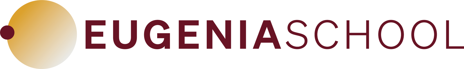 Eugenia School logo featuring a large golden circle with a smaller maroon circle to its left, followed by the text 'EUGENIA SCHOOL' in maroon font.