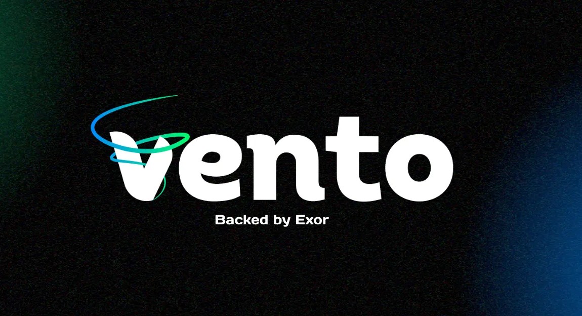 White Vento logo with vibrant green and blue swooshes around the 'v' on a black background with text 'Backed by Exor'.