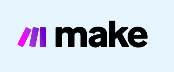 Make logo with three purple bars followed by the word 'make' in bold black letters on a light blue background.