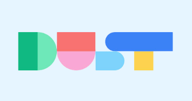 Colorful geometric letters spelling the word 'DUST' on a light blue background.