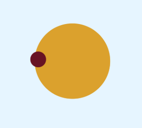 Large mustard yellow circle with a smaller dark red circle overlapping its left side on a light blue background.