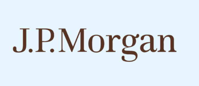 J.P. Morgan logo text in brown on a light blue background.