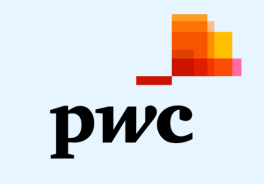 PwC logo with lowercase black letters and an abstract orange, yellow, and red pixelated design above.