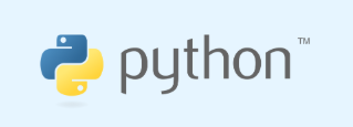 Python programming language logo with blue and yellow snakes and gray text on light blue background.
