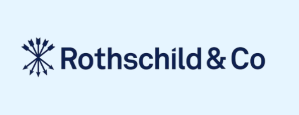 Rothschild &amp; Co company logo with stylized heraldic emblem on light blue background.