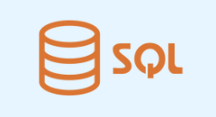 Orange SQL text with a database icon on a light blue background.