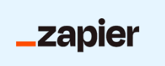 Zapier company logo with black text and an orange underscore on a light blue background.