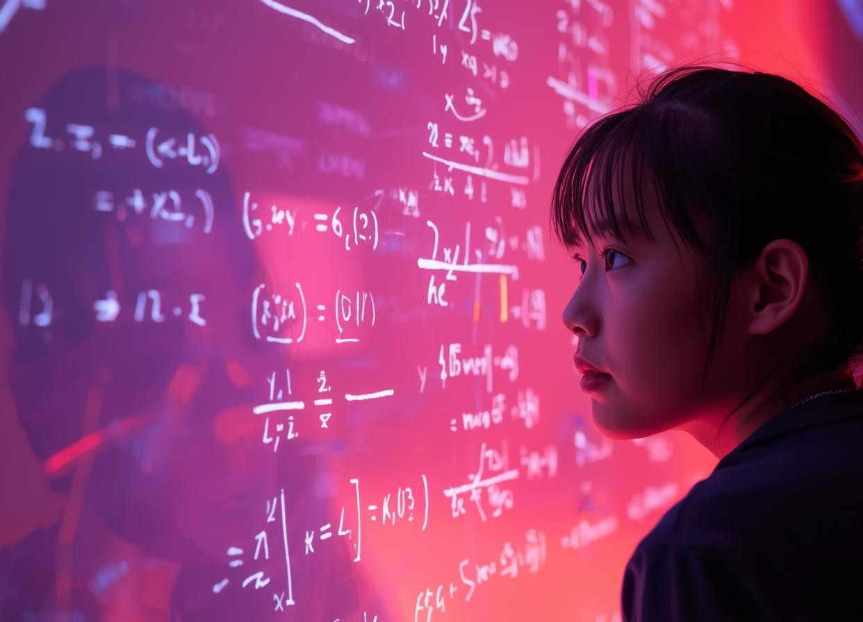 Young woman focused on a translucent board filled with mathematical equations in neon pink and purple lighting.