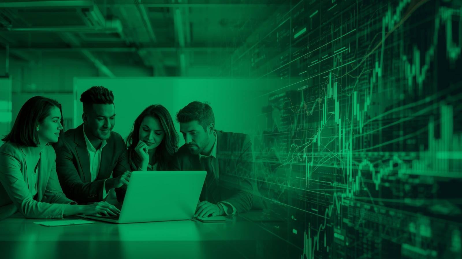 Four business professionals gathered around a laptop discussing, with financial charts overlayed on the right side.