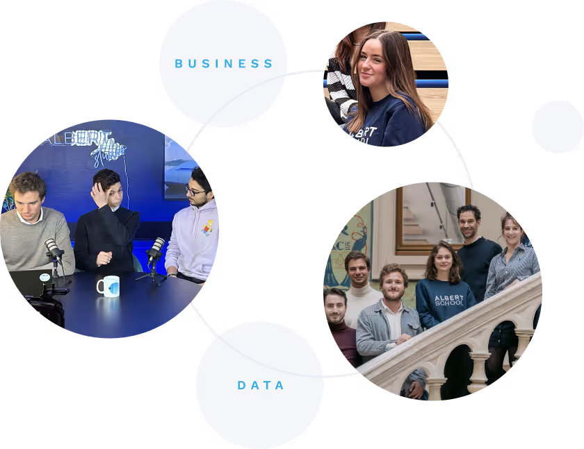 Collage of people in three circular photos connected by text bubbles labeled 'BUSINESS' and 'DATA'.