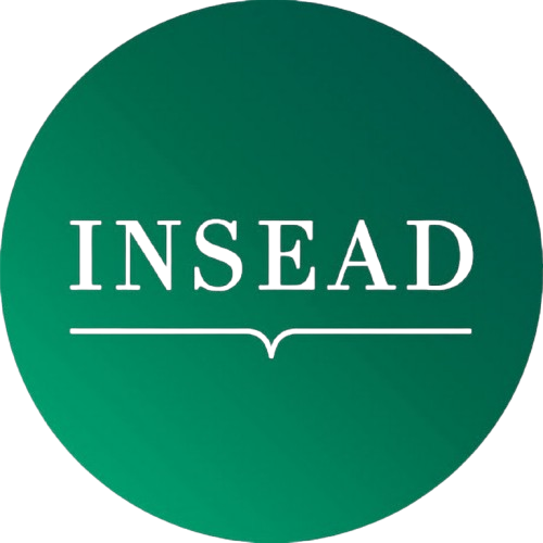 INSEAD logo with the text 'INSEAD' and a decorative horizontal line beneath it on a green circular background.