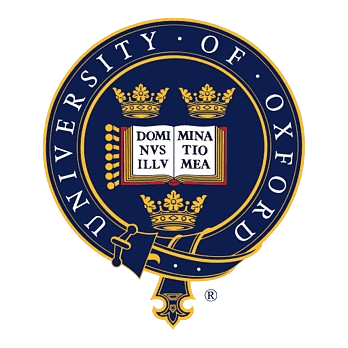 University of Oxford emblem featuring three gold crowns and an open book with Latin text on a blue background.