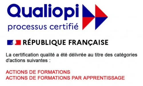 Qualiopi certified process logo with French Republic flag, stating quality certification granted for training and apprenticeship actions.